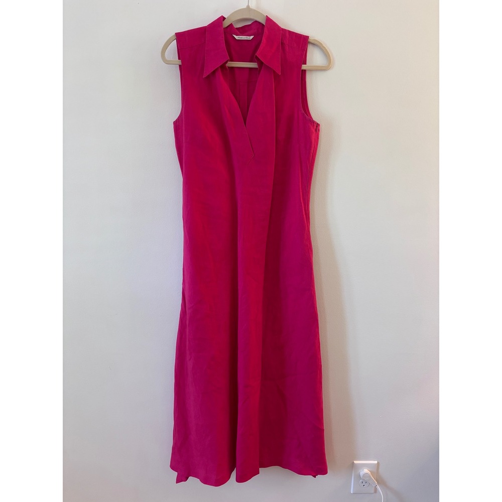 Max Mara Fuchsia Pink Linen Sleeveless Collared V-Neck Midi Dress Medium